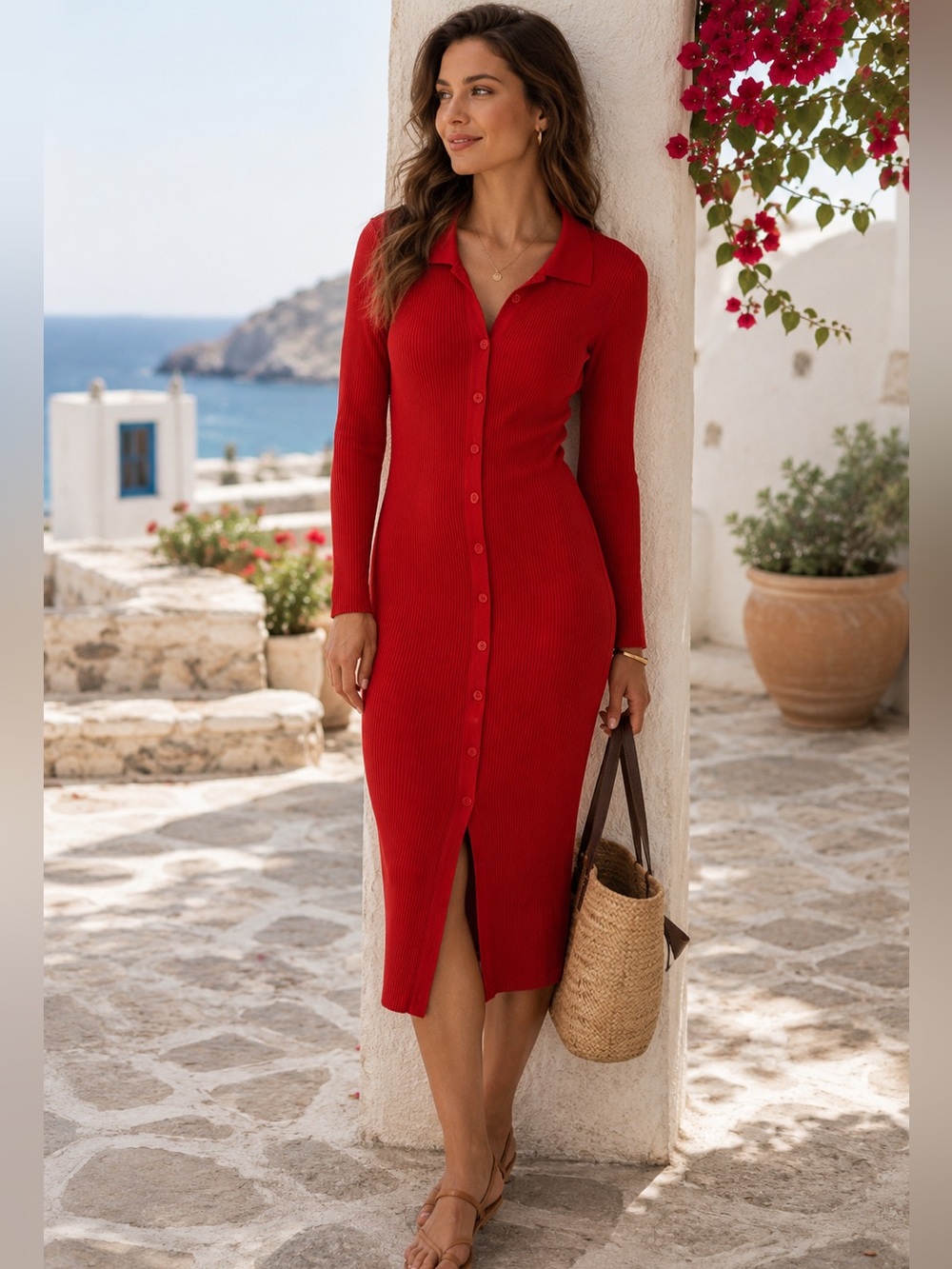 The Drop Red Rib Knit Polo Midi Dress Size M Quiet Luxury Euro Summer Minimalist